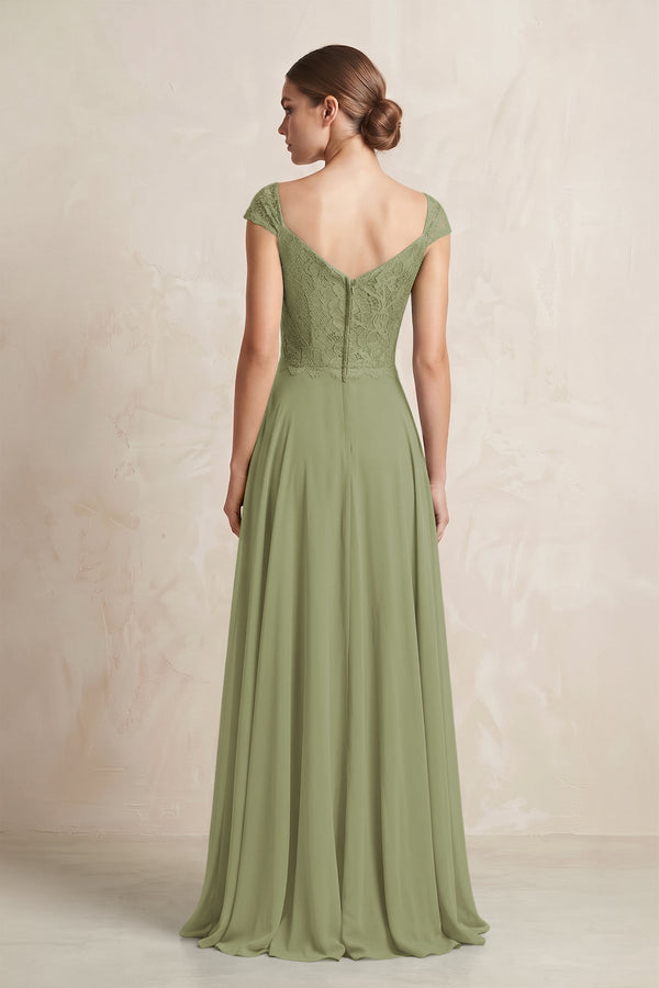 A - Line Chiffon V - Neck Pleated Bridesmaid Dress with Cap Sleeves in Moss Green - KissProm Bridesmaid Dresses