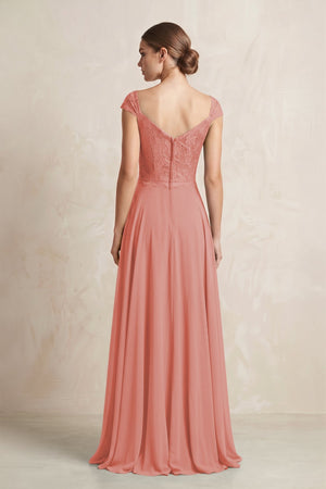 A - Line Chiffon V - Neck Pleated Bridesmaid Dress with Cap Sleeves in Mulberry - KissProm Bridesmaid Dresses