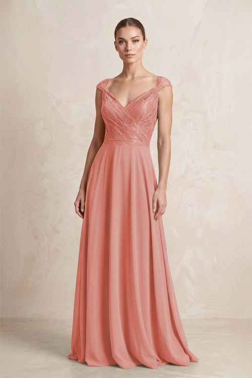 A - Line Chiffon V - Neck Pleated Bridesmaid Dress with Cap Sleeves in Mulberry - KissProm Bridesmaid Dresses
