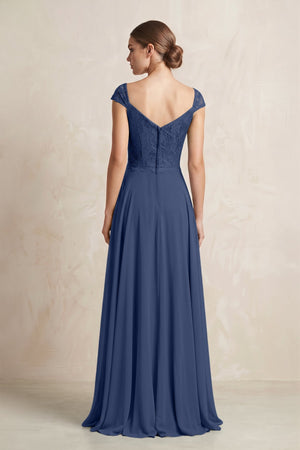 A - Line Chiffon V - Neck Pleated Bridesmaid Dress with Cap Sleeves in Navy - KissProm Bridesmaid Dresses