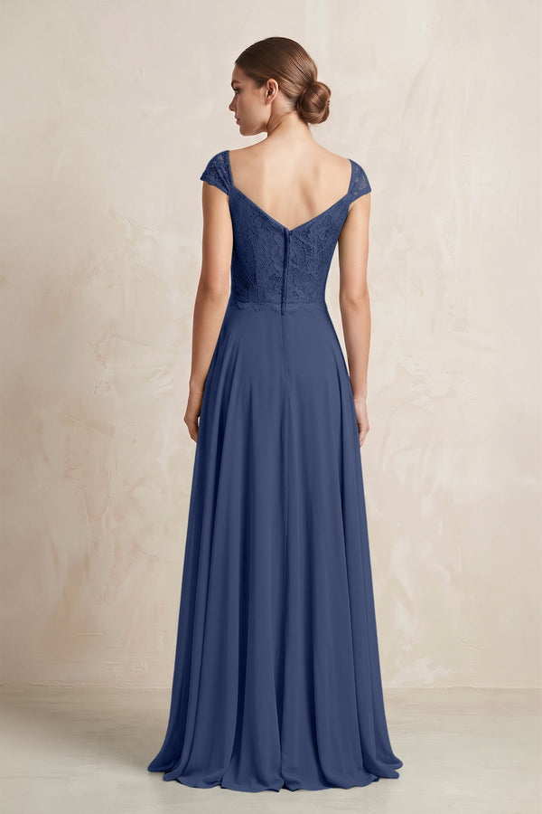 A - Line Chiffon V - Neck Pleated Bridesmaid Dress with Cap Sleeves in Navy - KissProm Bridesmaid Dresses