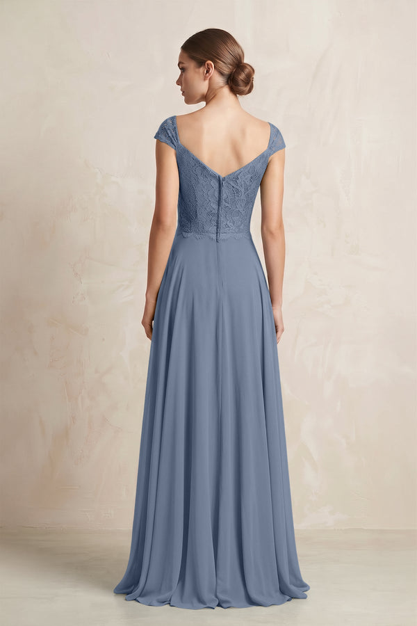 A - Line Chiffon V - Neck Pleated Bridesmaid Dress with Cap Sleeves in Neptune - KissProm Bridesmaid Dresses