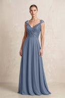 A - Line Chiffon V - Neck Pleated Bridesmaid Dress with Cap Sleeves in Neptune - KissProm Bridesmaid Dresses