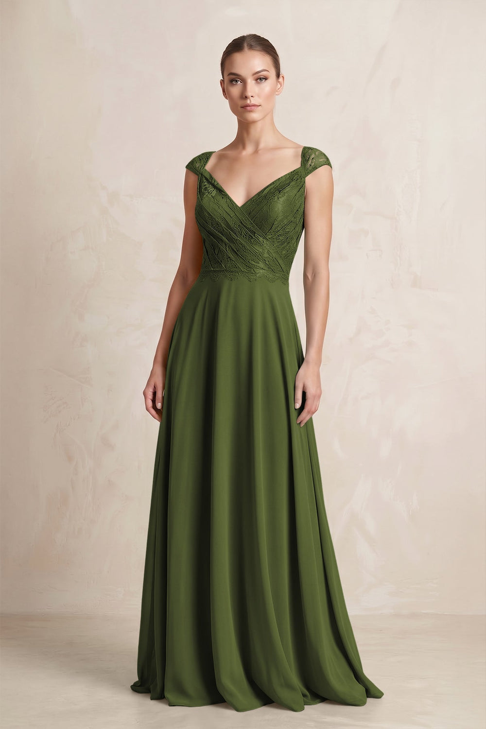A - Line Chiffon V - Neck Pleated Bridesmaid Dress with Cap Sleeves in Olive - KissProm Bridesmaid Dresses