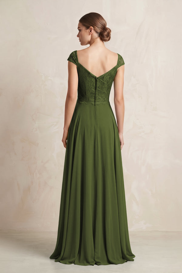 A - Line Chiffon V - Neck Pleated Bridesmaid Dress with Cap Sleeves in Olive - KissProm Bridesmaid Dresses