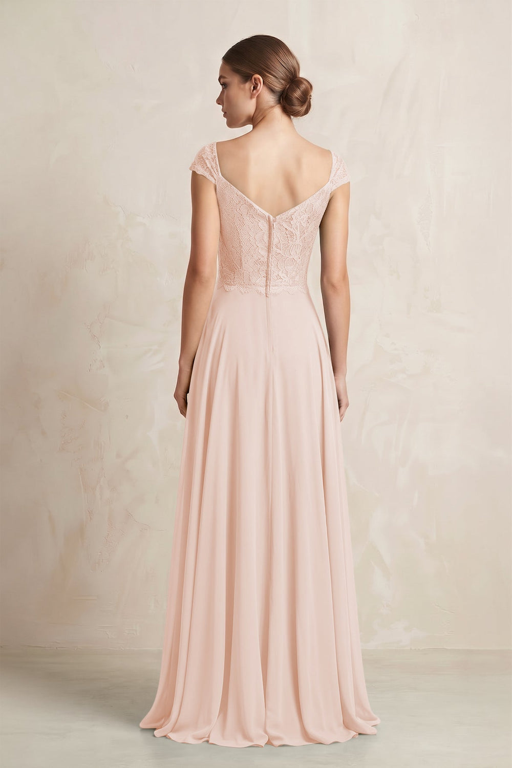 A - Line Chiffon V - Neck Pleated Bridesmaid Dress with Cap Sleeves in Pale Blush - KissProm Bridesmaid Dresses