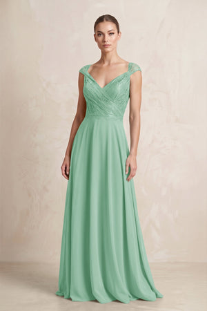 A - Line Chiffon V - Neck Pleated Bridesmaid Dress with Cap Sleeves in Pale Pistachio - KissProm Bridesmaid Dresses