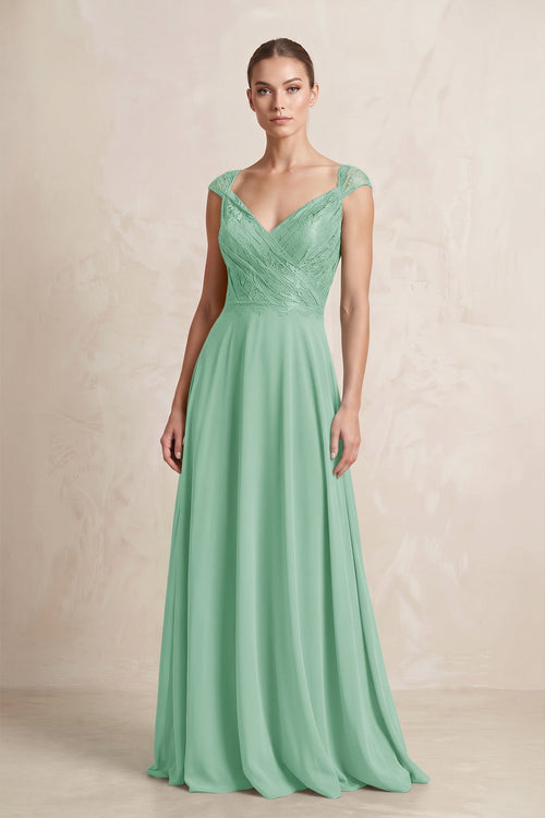 A - Line Chiffon V - Neck Pleated Bridesmaid Dress with Cap Sleeves in Pale Pistachio - KissProm Bridesmaid Dresses