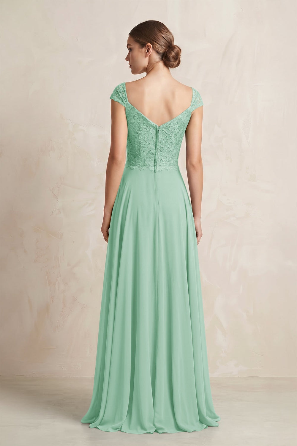 A - Line Chiffon V - Neck Pleated Bridesmaid Dress with Cap Sleeves in Pale Pistachio - KissProm Bridesmaid Dresses