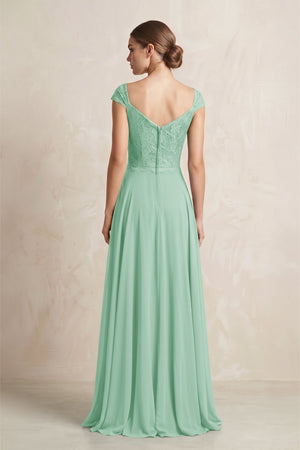 A - Line Chiffon V - Neck Pleated Bridesmaid Dress with Cap Sleeves in Pale Pistachio - KissProm Bridesmaid Dresses