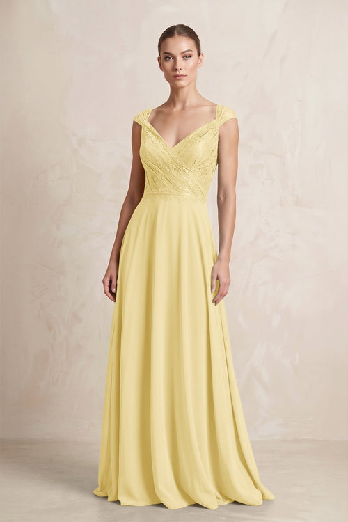 KissProm | A-Line Chiffon V-Neck Pleated Bridesmaid Dress with Cap Sleeves in Pastel Yellow KissProm | A-Line Chiffon V-Neck Pleated Bridesmaid Dress with Cap Sleeves in Pastel Yellow