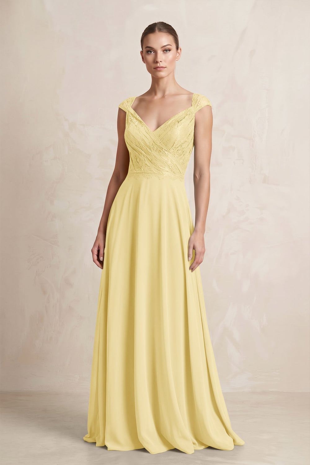 A - Line Chiffon V - Neck Pleated Bridesmaid Dress with Cap Sleeves in Pastel Yellow - KissProm Bridesmaid Dresses