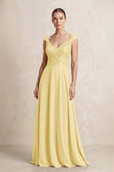 A - Line Chiffon V - Neck Pleated Bridesmaid Dress with Cap Sleeves in Pastel Yellow - KissProm Bridesmaid Dresses