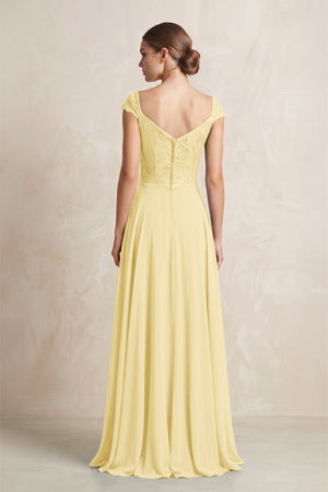 A - Line Chiffon V - Neck Pleated Bridesmaid Dress with Cap Sleeves in Pastel Yellow - KissProm Bridesmaid Dresses