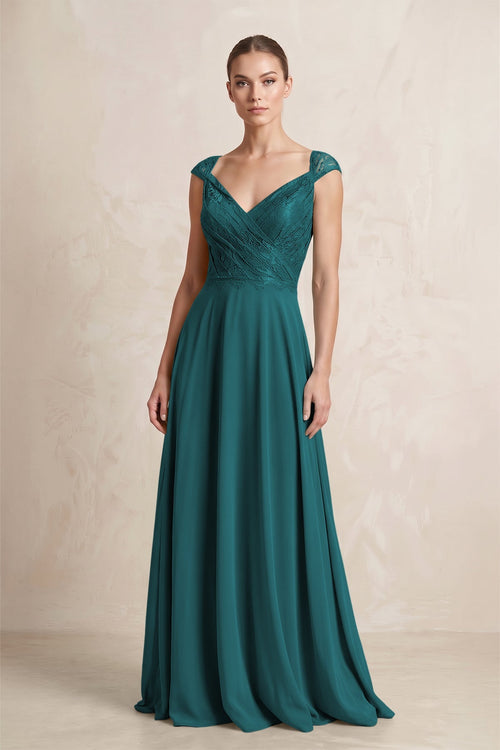 A - Line Chiffon V - Neck Pleated Bridesmaid Dress with Cap Sleeves in Pine - KissProm Bridesmaid Dresses