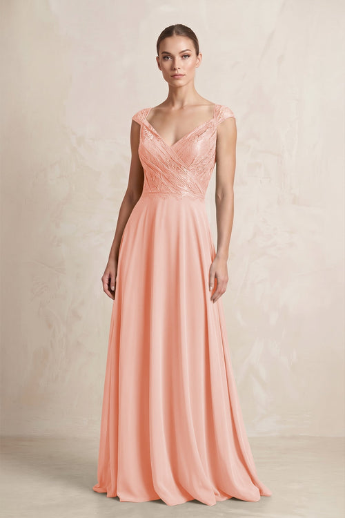 A - Line Chiffon V - Neck Pleated Bridesmaid Dress with Cap Sleeves in Rose Petal - KissProm Bridesmaid Dresses