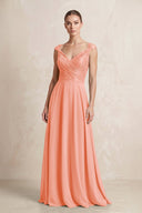 A - Line Chiffon V - Neck Pleated Bridesmaid Dress with Cap Sleeves in Rosette - KissProm Bridesmaid Dresses