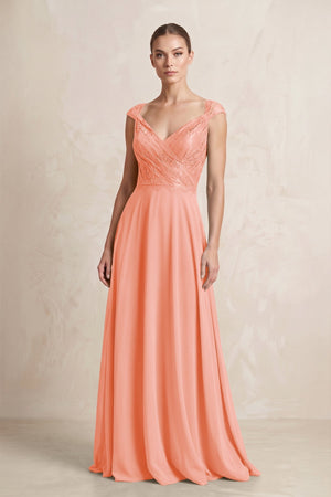A - Line Chiffon V - Neck Pleated Bridesmaid Dress with Cap Sleeves in Rosette - KissProm Bridesmaid Dresses