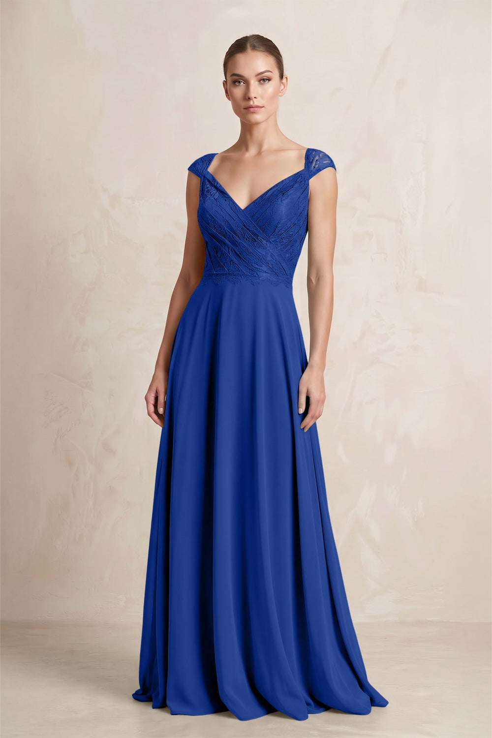 A - Line Chiffon V - Neck Pleated Bridesmaid Dress with Cap Sleeves in Royal Blue - KissProm Bridesmaid Dresses