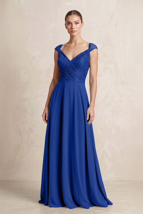 A - Line Chiffon V - Neck Pleated Bridesmaid Dress with Cap Sleeves in Royal Blue - KissProm Bridesmaid Dresses