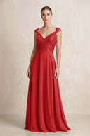 A - Line Chiffon V - Neck Pleated Bridesmaid Dress with Cap Sleeves in Ruby Red - KissProm Bridesmaid Dresses