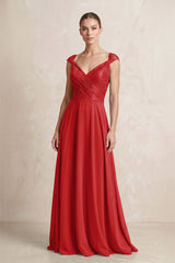 A - Line Chiffon V - Neck Pleated Bridesmaid Dress with Cap Sleeves in Ruby Red - KissProm Bridesmaid Dresses