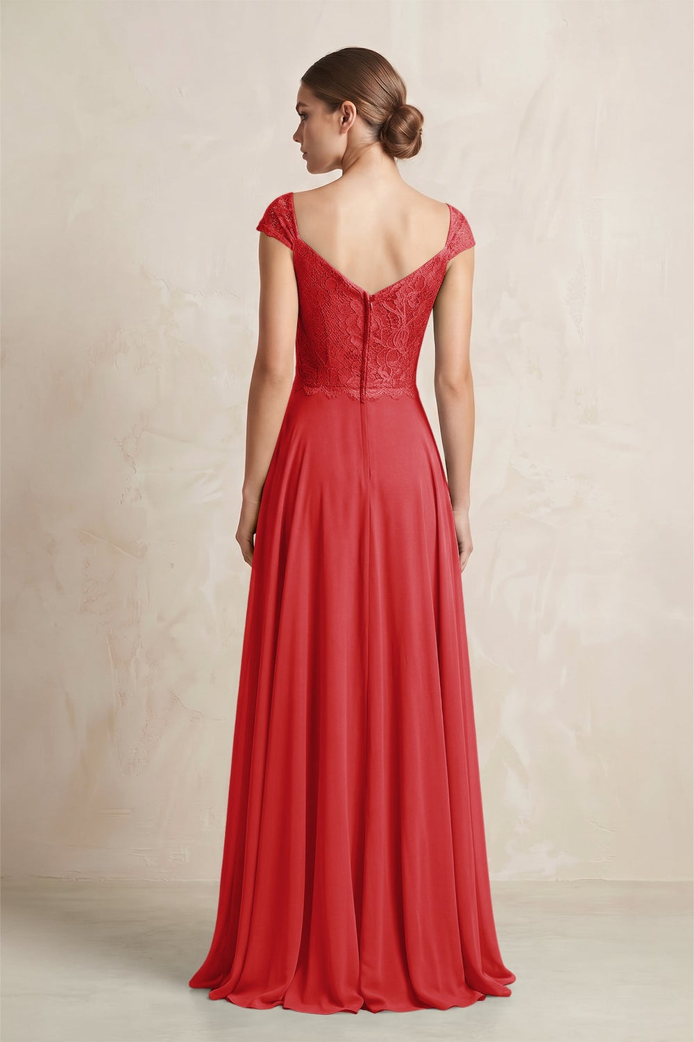 A - Line Chiffon V - Neck Pleated Bridesmaid Dress with Cap Sleeves in Ruby Red - KissProm Bridesmaid Dresses