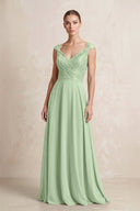 A - Line Chiffon V - Neck Pleated Bridesmaid Dress with Cap Sleeves in Sage - KissProm Bridesmaid Dresses