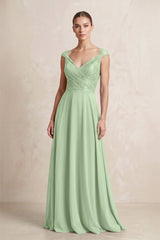 A - Line Chiffon V - Neck Pleated Bridesmaid Dress with Cap Sleeves in Sage - KissProm Bridesmaid Dresses