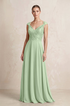 A - Line Chiffon V - Neck Pleated Bridesmaid Dress with Cap Sleeves in Sage - KissProm Bridesmaid Dresses