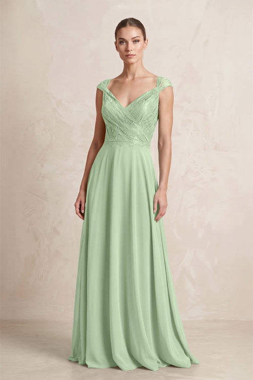 A - Line Chiffon V - Neck Pleated Bridesmaid Dress with Cap Sleeves in Sage - KissProm Bridesmaid Dresses