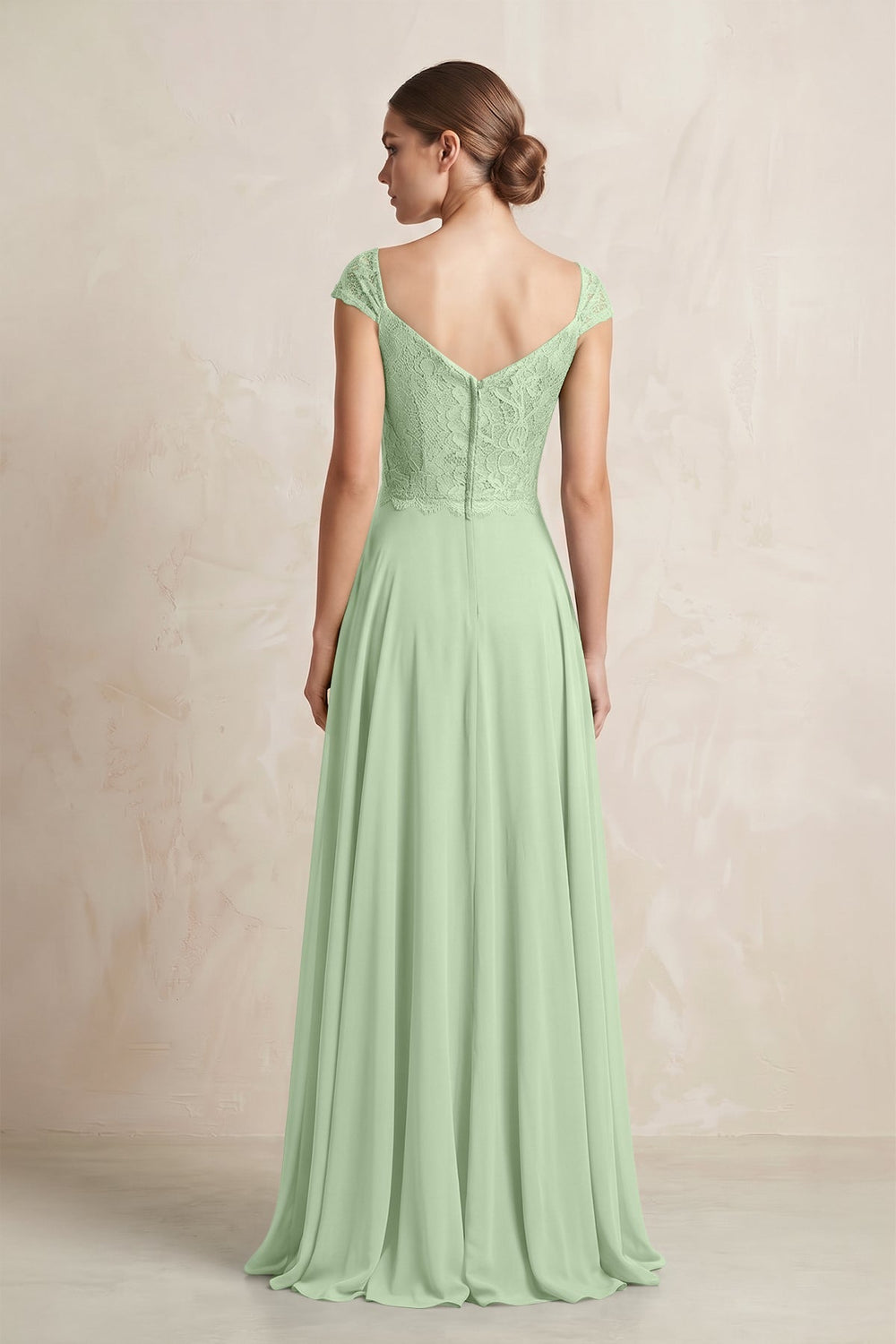 A - Line Chiffon V - Neck Pleated Bridesmaid Dress with Cap Sleeves in Sage - KissProm Bridesmaid Dresses