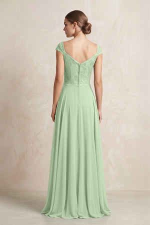 A - Line Chiffon V - Neck Pleated Bridesmaid Dress with Cap Sleeves in Sage - KissProm Bridesmaid Dresses