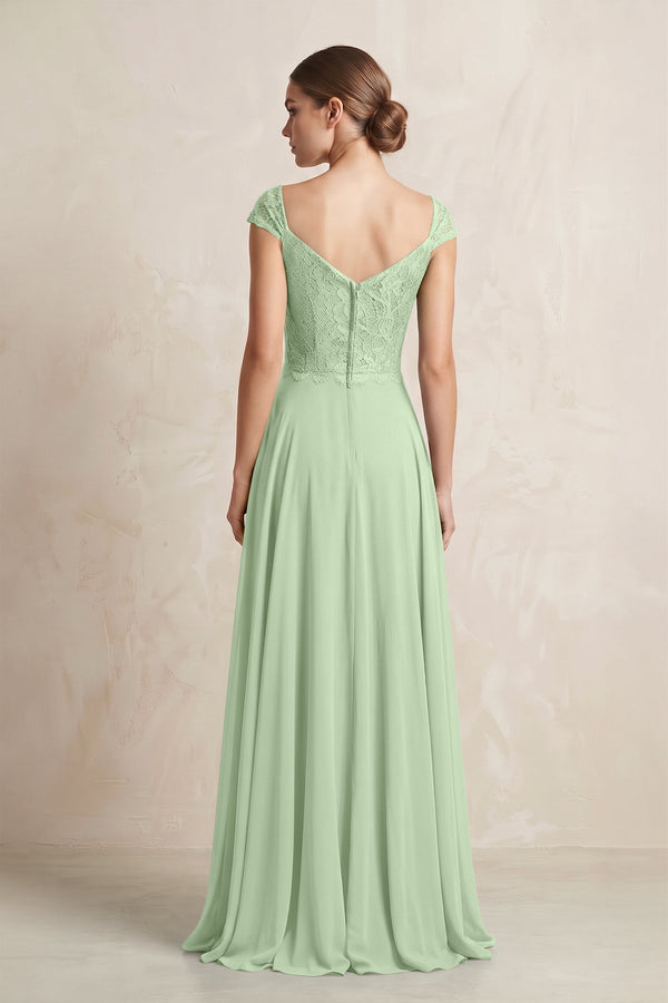 A - Line Chiffon V - Neck Pleated Bridesmaid Dress with Cap Sleeves in Sage - KissProm Bridesmaid Dresses
