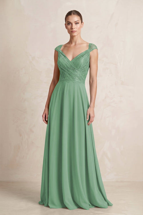 A - Line Chiffon V - Neck Pleated Bridesmaid Dress with Cap Sleeves in Sea Glass - KissProm Bridesmaid Dresses