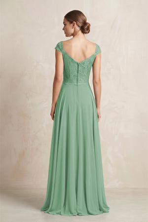 A - Line Chiffon V - Neck Pleated Bridesmaid Dress with Cap Sleeves in Sea Glass - KissProm Bridesmaid Dresses