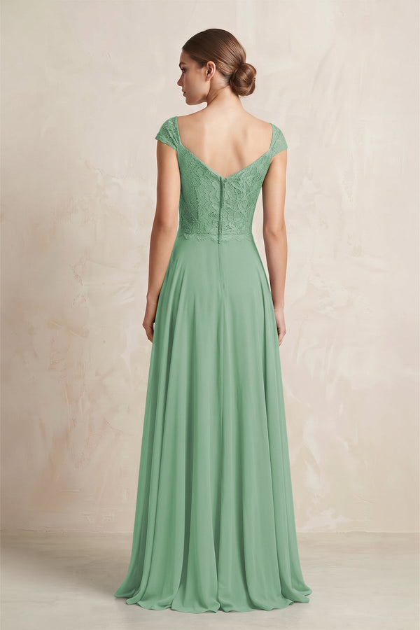 A - Line Chiffon V - Neck Pleated Bridesmaid Dress with Cap Sleeves in Sea Glass - KissProm Bridesmaid Dresses