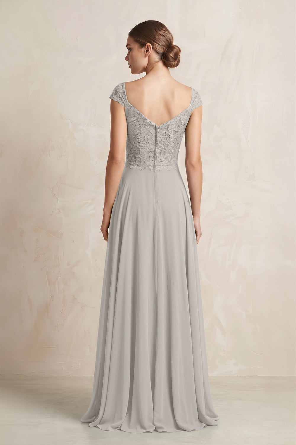 A - Line Chiffon V - Neck Pleated Bridesmaid Dress with Cap Sleeves in Silver - KissProm Bridesmaid Dresses