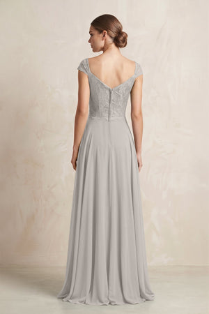 A - Line Chiffon V - Neck Pleated Bridesmaid Dress with Cap Sleeves in Silver - KissProm Bridesmaid Dresses