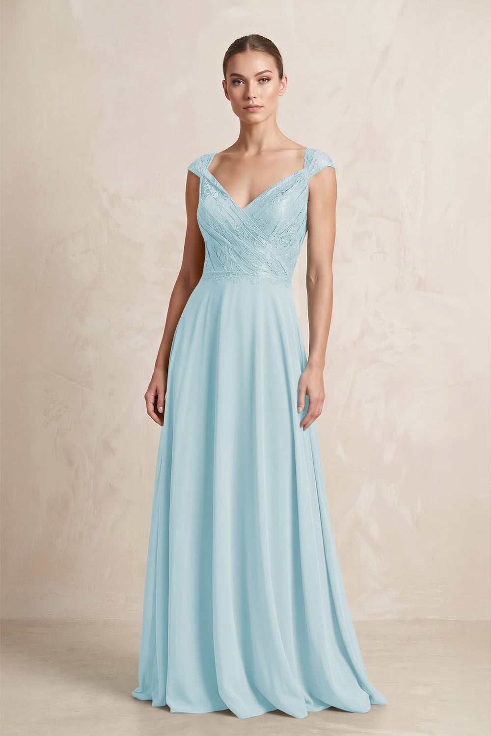 A - Line Chiffon V - Neck Pleated Bridesmaid Dress with Cap Sleeves in Sky Blue - KissProm Bridesmaid Dresses