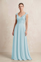 A - Line Chiffon V - Neck Pleated Bridesmaid Dress with Cap Sleeves in Sky Blue - KissProm Bridesmaid Dresses