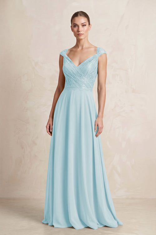 A - Line Chiffon V - Neck Pleated Bridesmaid Dress with Cap Sleeves in Sky Blue - KissProm Bridesmaid Dresses