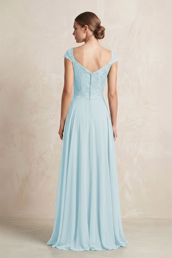 A - Line Chiffon V - Neck Pleated Bridesmaid Dress with Cap Sleeves in Sky Blue - KissProm Bridesmaid Dresses