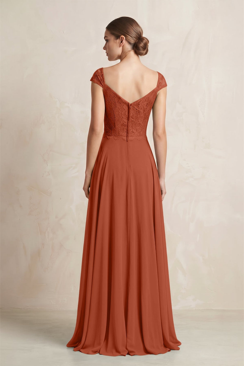 A - Line Chiffon V - Neck Pleated Bridesmaid Dress with Cap Sleeves in Spice - KissProm Bridesmaid Dresses