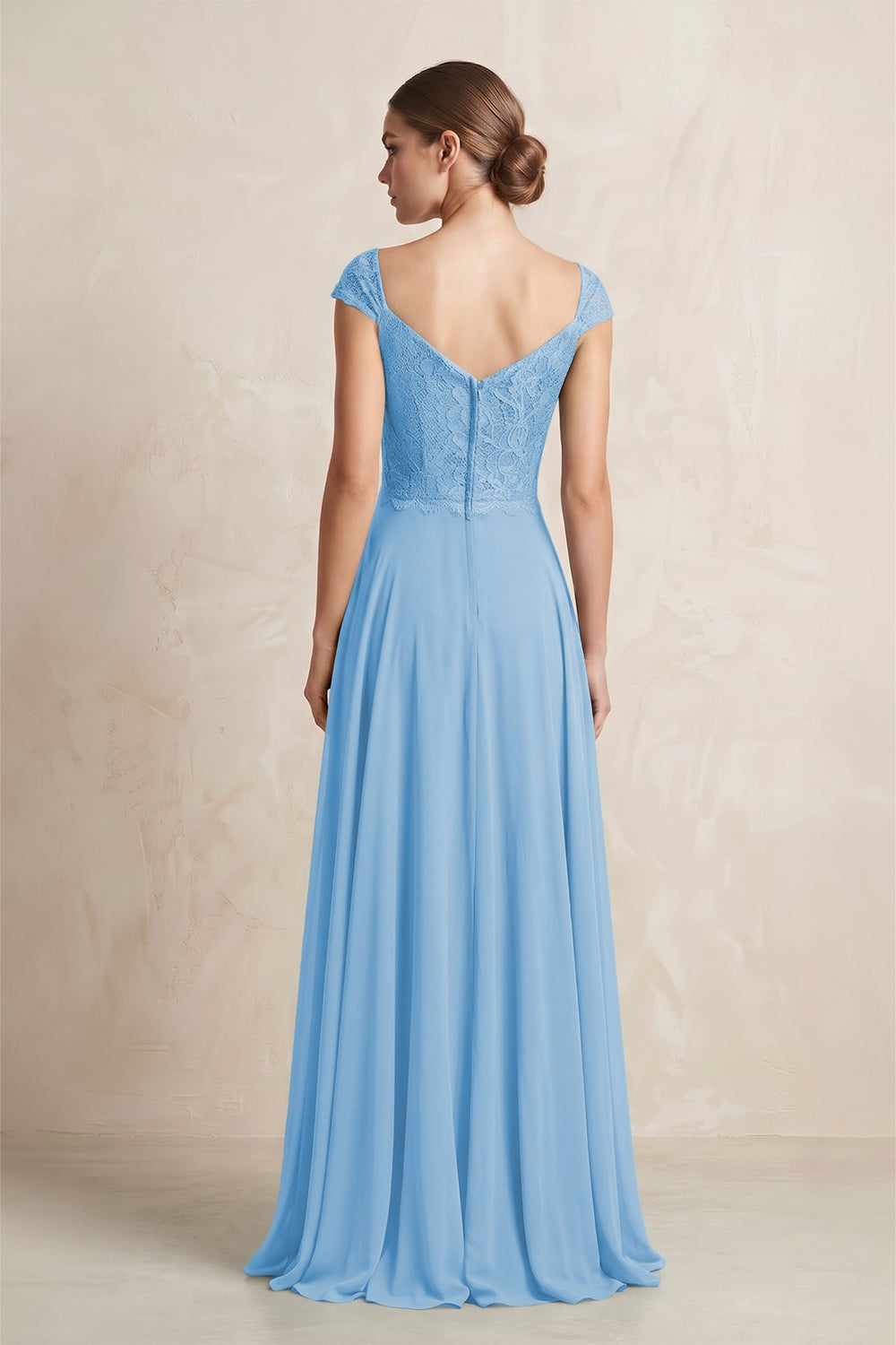 A - Line Chiffon V - Neck Pleated Bridesmaid Dress with Cap Sleeves in Steel Blue - KissProm Bridesmaid Dresses