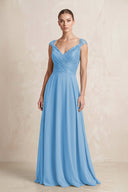 A - Line Chiffon V - Neck Pleated Bridesmaid Dress with Cap Sleeves in Steel Blue - KissProm Bridesmaid Dresses