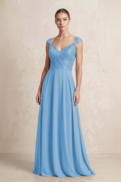 A - Line Chiffon V - Neck Pleated Bridesmaid Dress with Cap Sleeves in Steel Blue - KissProm Bridesmaid Dresses