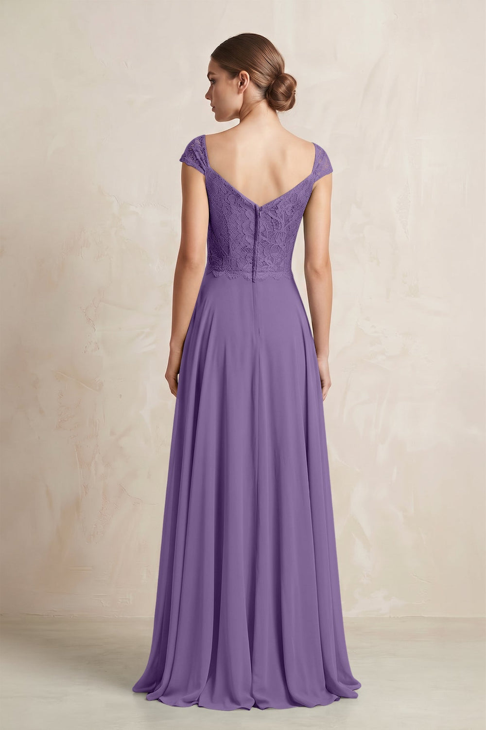 A - Line Chiffon V - Neck Pleated Bridesmaid Dress with Cap Sleeves in Tahiti - KissProm Bridesmaid Dresses