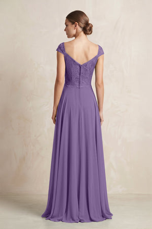 A - Line Chiffon V - Neck Pleated Bridesmaid Dress with Cap Sleeves in Tahiti - KissProm Bridesmaid Dresses
