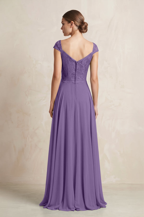 A - Line Chiffon V - Neck Pleated Bridesmaid Dress with Cap Sleeves in Tahiti - KissProm Bridesmaid Dresses